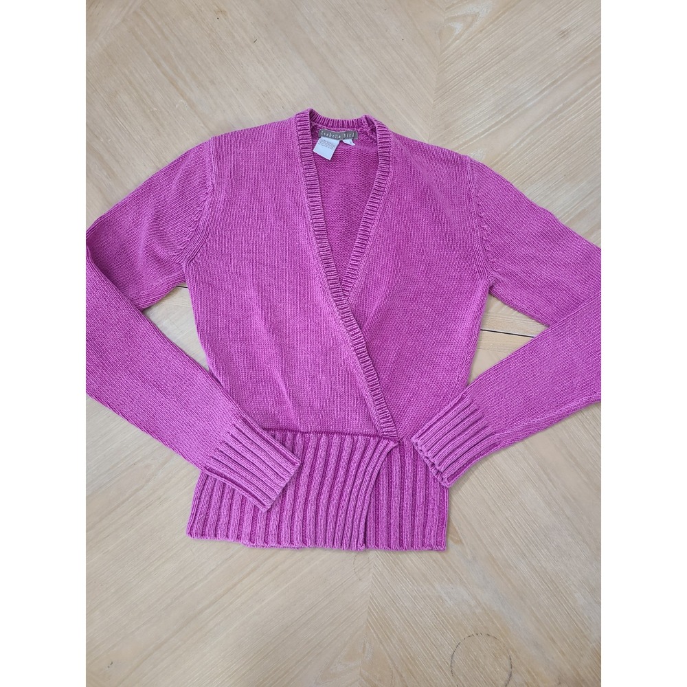 Isabella Bird Wrap Sweater Women XS Pink Cotton V-Neck Ribbed Trim